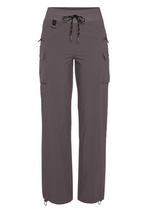 Grey cargo pants with a drawstring waist, multiple side pockets, and adjustable hems. Made of lightweight, textured fabric.