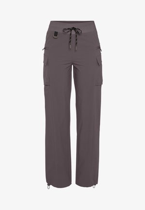 Grey cargo pants with a drawstring waist, multiple side pockets, and adjustable hems. Made of lightweight, textured fabric.
