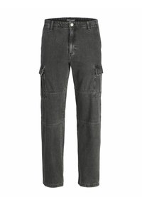 Cargo hlače u tamnosivom denimu. Imaju više džepova, opušteni kroj i detalje od šavova. Klasičan pojas s prednjim dugmetom za zatvaranje.