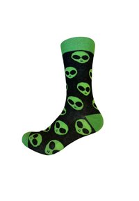 Calzini neri con motivo di teste di alieni verdi, con un risvolto e una parte del piede di un verde brillante. Realizzati in un materiale morbido e elastico per garantire comfort.