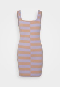 Striped tank dress in light purple and tan. Features a square neckline and body-hugging fit, made of stretchable fabric.