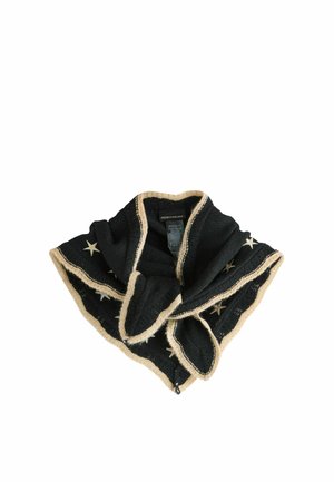 Schwarzer Strickschal mit beigem Saum und Sternmustern, gefaltet, um das innere Etikett sowie die strukturierten Stoffdetails zu zeigen.