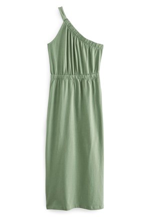 Mouwloze lichtgroene jurk met een dunne band over de linkerschouder en een geplooide elastische taille, knielengte.
