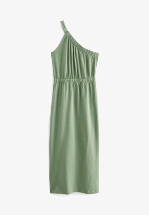 Mouwloze lichtgroene jurk met een dunne band over de linkerschouder en een geplooide elastische taille, knielengte.