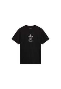 Camiseta de algodón negra con un gráfico de dibujos animados blanco en la parte frontal. Mangas cortas, cuello redondo y corte relajado.