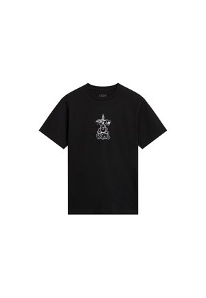 T-shirt en coton noir avec un graphique de dessin animé blanc à l'avant. Manches courtes, col rond et coupe décontractée.