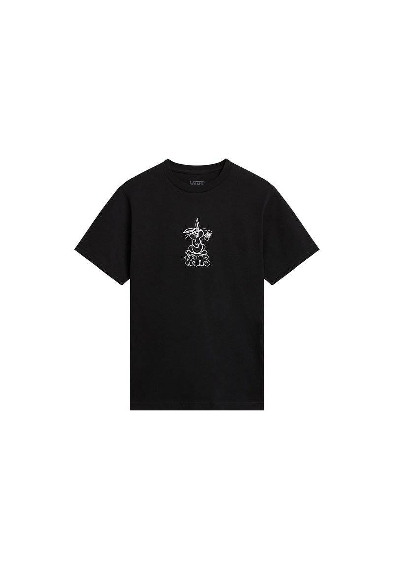 Camiseta de algodón negra con un gráfico de dibujos animados blanco en la parte frontal. Mangas cortas, cuello redondo y corte relajado.