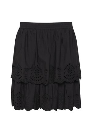 Svart bomulls kjol i flera lager med broderade eyelet-detaljer längs fållen och ett elastiskt midjeband för komfort. Texturerad tyg.