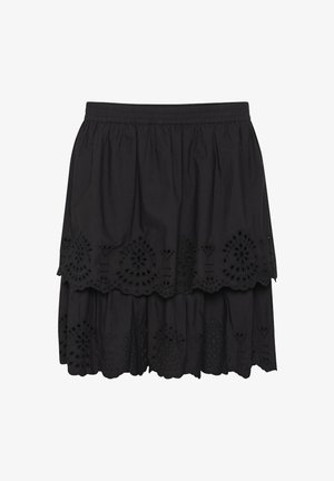 Czarna bawełniana spódnica warstwowa z haftowanymi detalami w kształcie oczek wzdłuż krawędzi oraz elastycznym pasem dla komfortu. Teksturowany materiał.
