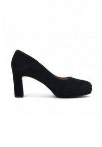 Décolleté nera in suede con punta rotonda, texture liscia, base ampia e tacco a blocco solido. Nessun abbellimento visibile.