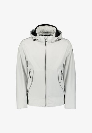 Lichtgrijze waterdichte jas met een capuchon, voorzien van ritszakken aan de zijkanten, verstelbare trekkoorden en een gladde, gestructureerde stof.