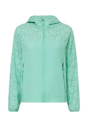 Veste à capuche bleu sarcelle clair avec un motif discret de feuilles plus foncées sur les manches et les épaules, fermeture éclair et poches latérales.