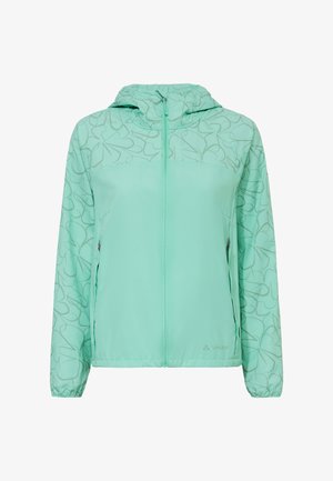 Veste à capuche bleu sarcelle clair avec un motif discret de feuilles plus foncées sur les manches et les épaules, fermeture éclair et poches latérales.