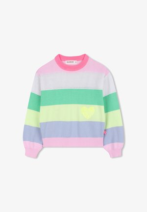 Maglione a righe pastello per bambini con colletto e polsini rosa, con un cuore giallo di paillettes sul lato sinistro anteriore.