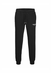 Schwarze Sweatpants aus einem Baumwollmix, mit einem elastischen Bund und Kordelzug, gerippten Bündchen und einem weißen Logo auf der Vorderseite.