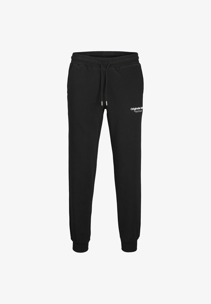 Svarta sweatpants i bomullsblandning, med elastisk midja och dragsko, ribbade muddar och en vit logga på framsidan.