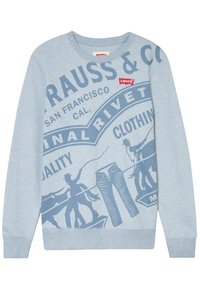 Felpa blu chiaro in misto cotone, con grafiche e testo blu scuro, scollo rotondo, polsini e orlo a coste.
