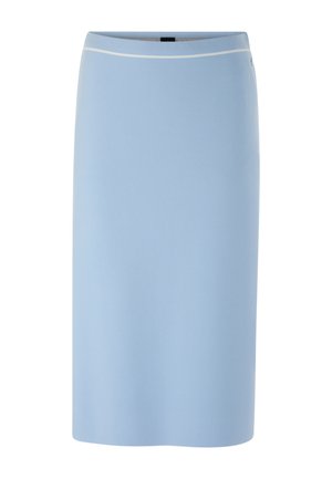 Light blue knee-length pencil skirt with a slim fit and white trim along the waistband, displayed on a white background.