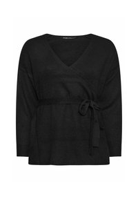 Svart stickad tröja med V-ringning och långa ärmar. Har ett knytbälte i midjan och en lös, avslappnad passform. Mjuk textur.