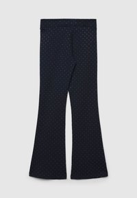 Leggings a zampa d'elefante in tessuto blu scuro con una texture liscia, caratterizzati da un motivo disseminato di piccole macchie blu. Vita elastica per il massimo comfort.