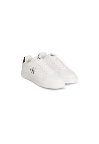 White leather sneakers with a round toe, flat rubber sole, lace closure, and a black accent on the heel. Features a logo on the side.