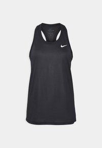 Czarna koszulka bez rękawów Nike z okrągłym dekoltem, designem typu racerback oraz małym białym logo na górnym lewym boku. Wykonana z gładkiego, lekkiego materiału.