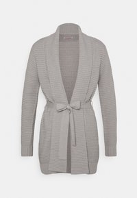 Grå stickad cardigan med lång öppen front, bred ribbad krage och matchande tygbälte. Mönster med textur, långa ärmar och avslappnad passform.