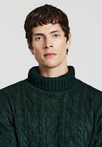 Dunkelgrüner, kabelgestrickter Pullover mit hohem, geripptem Kragen, der kunstvolle Muster und eine strukturierte Stoffoberfläche aufweist.