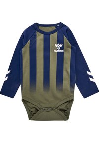 Langärmliger Body in Marineblau und Olivgrün mit vertikalen Streifen. Mit Hummel-Logo und weißen Akzenten an den Ärmeln. Druckknopfverschluss an der Unterseite.