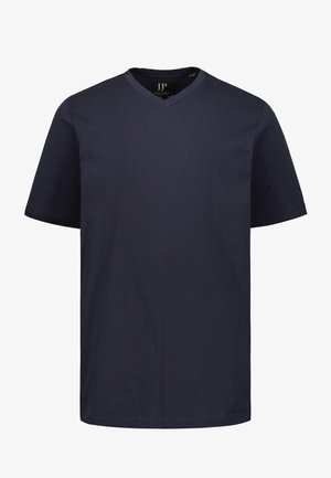 Marineblaues Baumwoll-T-Shirt mit kurzen Ärmeln und V-Ausschnitt. Es zeichnet sich durch eine einfache, glatte Textur ohne Muster oder sichtbare Akzente aus.