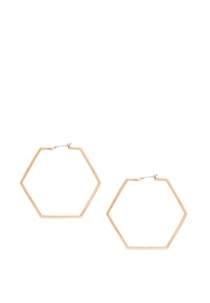 Hexagonal-shaped thin gold hoop earrings with clasps on a white background.