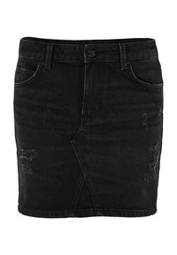 Svart denimkjol med sprund fram, slitna detaljer, femfickorsdesign och knappstängning i midjan.