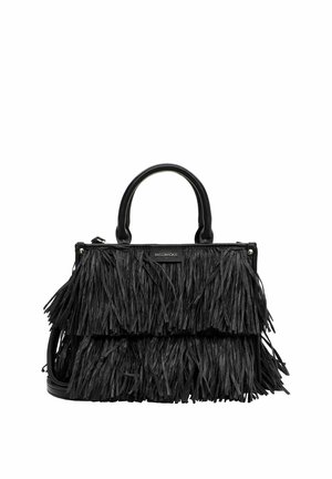 Borsa nera con doppi manici e frange a strati che coprono la parte anteriore e i lati.