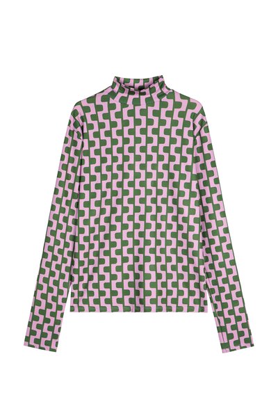 Langärmliges Rollkragenoberteil in einem pink-grünen geometrischen Muster, aus weichem Stoff mit tailliertem Schnitt und hohem Kragen.