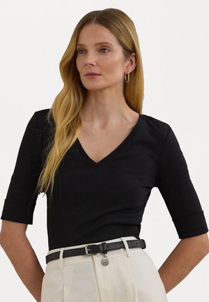 Stretch Cotton Elbow Sleeve V Neck Tee - T-shirt basique - black