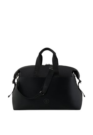 Schwarze Duffel-Tasche mit einer glatten, matten Oberfläche, ausgestattet mit zwei Griffen und einem verstellbaren Tragegurt. Minimalistisches Design und Logodetail.