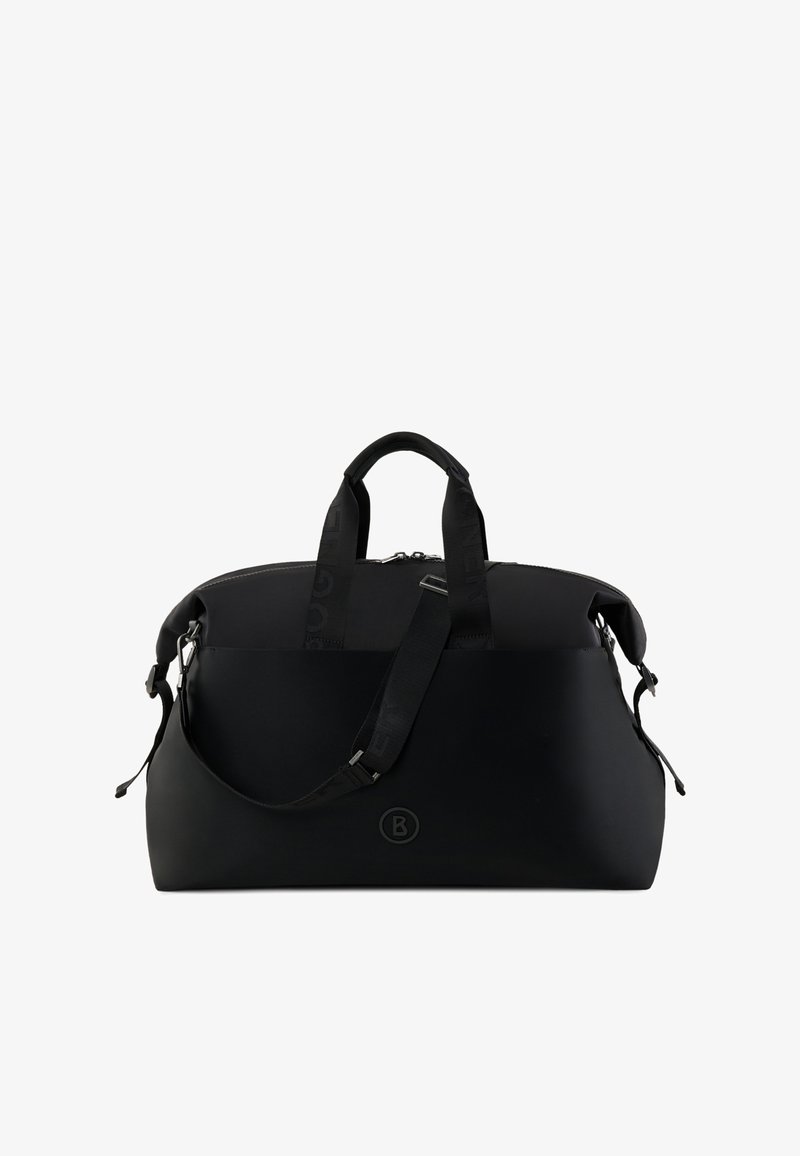 Musta duffel-laukku, jossa on sileä, mattapintainen pinta. Laukussa on kaksinkertaiset kahvat ja säädettävä olkahihna, minimalistinen muotoilu ja logopaino.