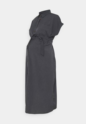 Maternity shirt dress in dark gray fabric with short sleeves, button front, chest pocket, and a tie belt at the waist for adjustable fit.