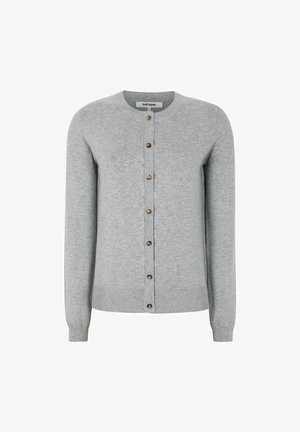 Gray knit cardigan with a round neckline, front button closure, and long sleeves. Features five brown buttons down the front and ribbed cuffs.