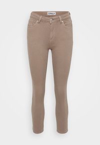 Beige skinny jeans laget av en bomullsblandingsstoff, med fem lommer, beltehemper og en frontlukking med glidelås. Glatt tekstur gjennom hele.