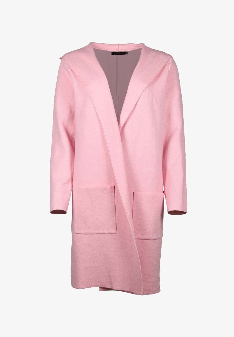 Helles rosa, langärmliger Mantel mit Schalkragen, zwei Vordertaschen und Wickeldesign. Weicher, texturierter Stoff mit glattem Innenfutter.