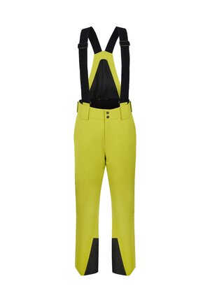 Yellow waterproof overalls with black adjustable suspenders. Features a front fastening with two buttons and black accents at the hem.