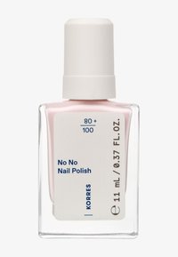Korres No No nagellack i en klar glasflaska, har ett vitt lock, en mjuk rosa lack och en märkt framsida som framhäver produktinformation.