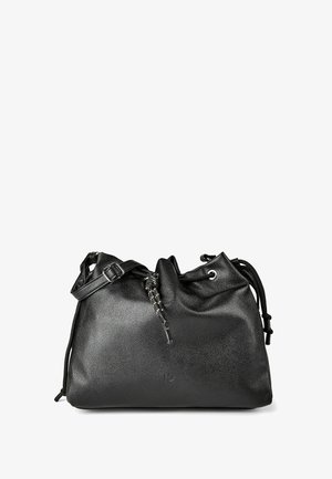 Schwarze Schultertasche aus Leder mit Kordelzug, verstellbarem Riemen und silberfarbenen Metallösen.