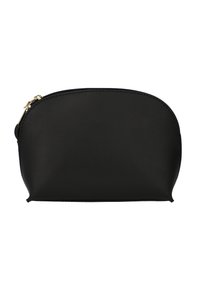 Black leather pouch with a rounded top, smooth texture, gold zipper hardware, and seamless edges. Compact design for accessories.