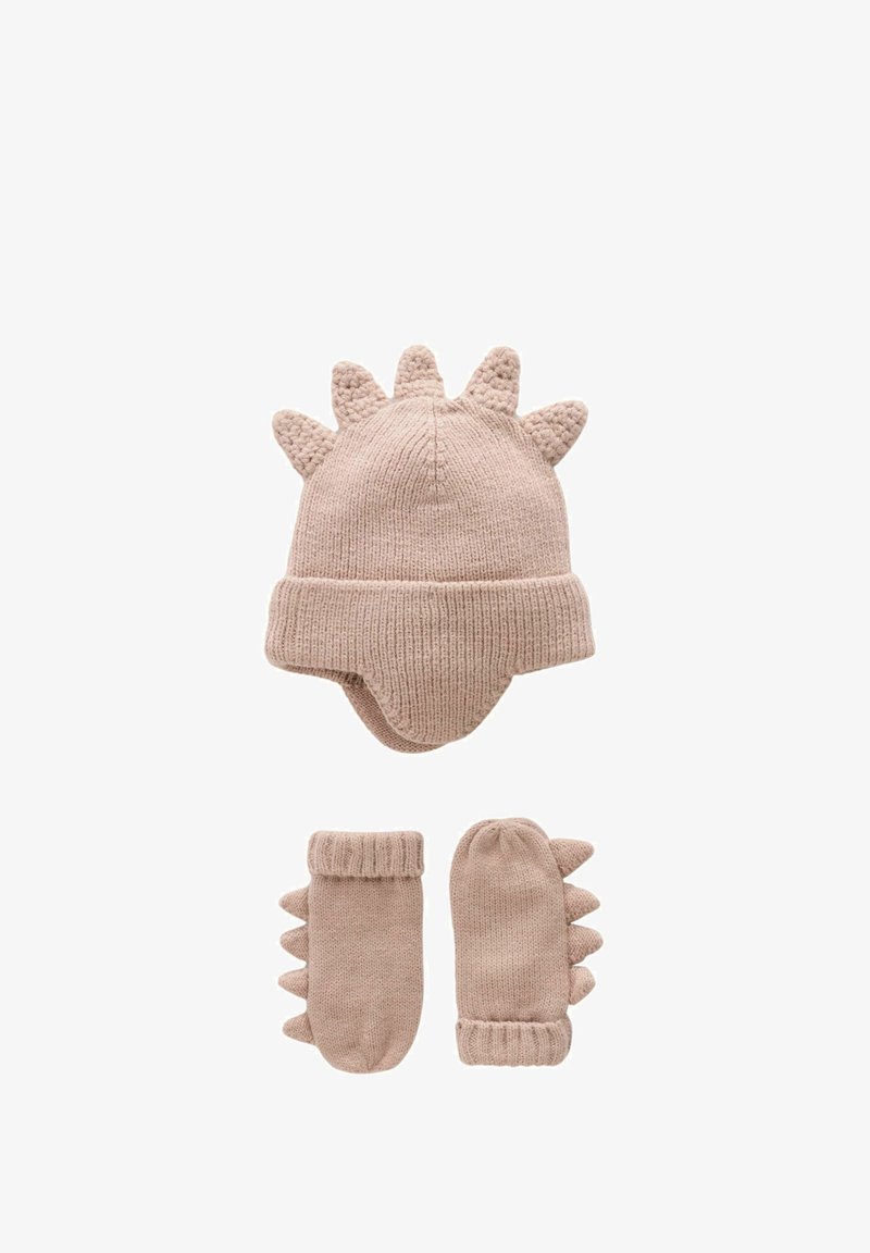 Cappello lavorato a maglia beige con punte sulla parte superiore e guanti coordinati con accenti testurizzati e polsini a coste. Materiale morbido che garantisce calore.