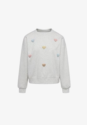 Lysgrå sweatshirt med lange ærmer, dekoreret foran med små 3D-hjerteformer i pastelfarver. Ingen synlige logoer eller tekst.
