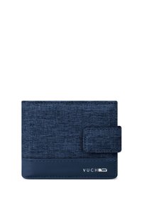 Navy blue fabric wallet with a smooth leather bottom, rectangular shape, and a tab closure. Features a small brand logo on the front.