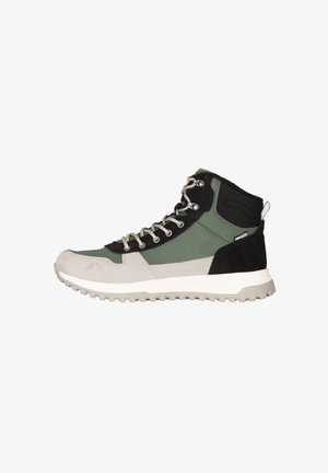 Hochschwankende Stiefel aus einer Mischung aus dunkelgrünem Stoff, grauem Wildleder und schwarzen Akzenten, mit Gummisohlen und Metallösen für die Schnürsenkel.