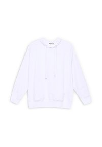 Sudadera blanca con capucha ajustable, corte holgado, mangas largas y un bolsillo canguro en la parte frontal. Fabricada con tejido suave, diseño minimalista.